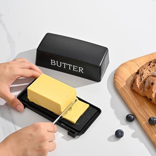 Butter Dish With Cover And Knife,Food Grade Plastic Butter Holder With Lid For Countertop,Black Dishwasher Safe Butter Storage Container 5