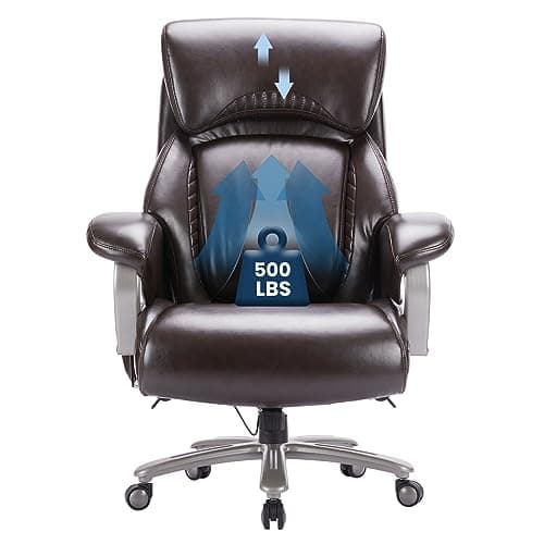 Big and Tall Office Chair 500lbs-Heavy Duty Ergonomic Computer Chair with Extra Wide Seat, High Back Executive Large Desk Chair with Thick Seat and Tilt Rock, Adjustable Lumbar Support-Brown