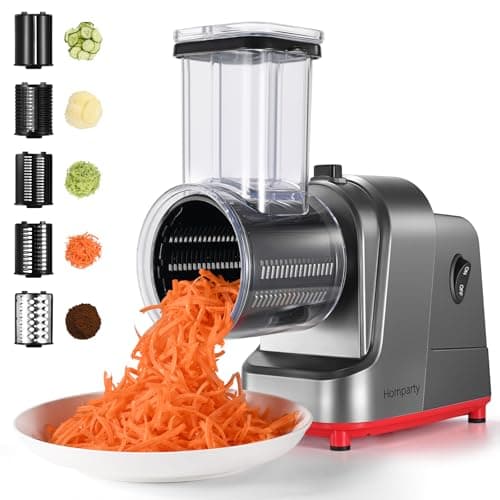 Homparty Electric Cheese Grater, Salad Maker With 5 Different Shapes of Blades, 250W Electric Slicer Shredder, Silver, Stainless Steel