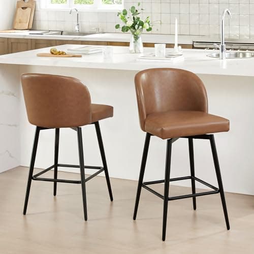 Watson & Whitely Counter Height Bar Stools Set of 2, 360° Swivel Upholstered Barstools with Backs Mid-Century Design for Island Kitchen, 26" Seat Height, Faux Leather in Saddle Brown