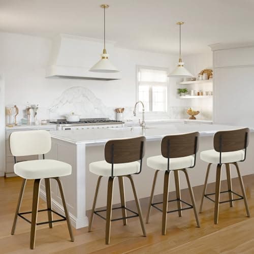 Bekrvio Swivel Counter Height Bar Stools Set of 4, 26" Upholstered Faux Leather Barstools with Back and Bent Wood Legs, Mid Century Modern Bar Chair Island Stool for Kitchen Counter, Cream White 9