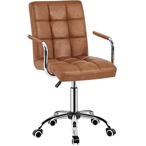 Yaheetech PU Leather Comfortable Office Desk Chair Mid Back Height Adjustable Computer Swivel Chair w/Armrests, Retro Brown