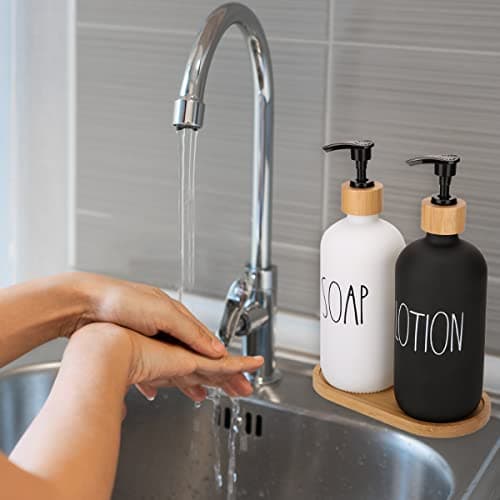 Soap Dispenser Bathroom Set, Hand Soap and Lotion Dispenser Set with Tray for Bathroom, Black and White Bathroom Decor Modern Farmhouse Decor Kitchen Art Dish Soap Holder (Black & White) 9