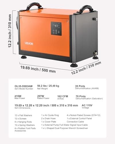 VEVOR 70 Pints Commercial Dehumidifier with Pump, Portable Crawl Space Dehumidifiers for Basement Storage Room Industrial, Auto Defrost/Drainage, Heavy-duty Galvanized Steel, with 2 Drain Hoses 7