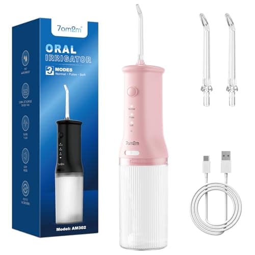 7AM2M Portable Water Flosser Cordless, Water Flosser with 3 Modes and 2 Jet Tips, USB C Rechargeable, IPX7 Waterproof, Dental Water Flosser for Travel and Home Use (Pink)