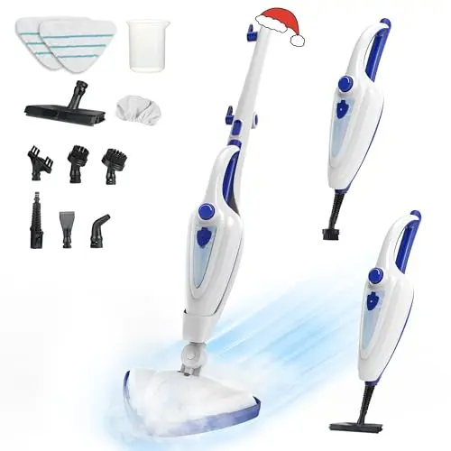 12-in-1 Steam Mop, Fast 15-Sec Heat-Up, 1500W Detachable Handheld Steam Cleaner with 2 Dirt Grip Pads, Removes 99.99% Stubborn Stains for Hardwood Floors, Clothes, Windows, Tiles, Furniture, White