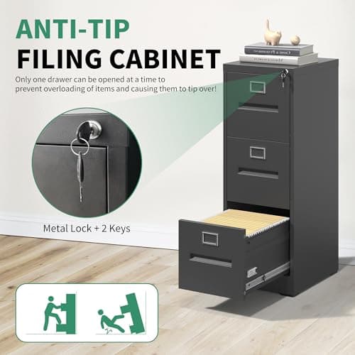 VIYET 3 Drawer File Cabinet, Metal File Cabinet with Lock, Vertical File Cabinet for Home Office,Heavy Duty Metal Storage Cabinet for A4/Letter/Legal Size File,Assembly Required(Black) 5