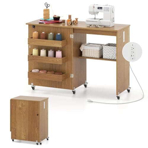 Giantex Folding Sewing Table with Charging Station, Rolling Craft Table with Storage Trays & Shelf, Foldable Sewing Machine Cabinet Desk with Lockable Wheels for Small Spaces (Natural)