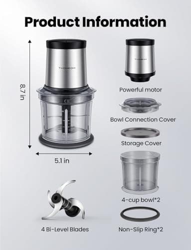 TWOMEOW Food Processor 4 Cup, Electric Food Chopper, 【Small but Powerful】Meat Grinder with 2 Bowls, 2 Speed & 4 Blades for Vegetable, Meat, Nuts, Functions for Chopping, Dicing, Mixing and Puree 7