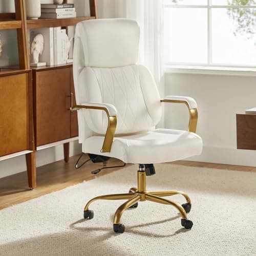 HULALA HOME Executive Office Chair with Adjustable Lumbar Support, Leather Ergonomic Office Chair with Padded Armrests, Tilt and High Back, White and Gold