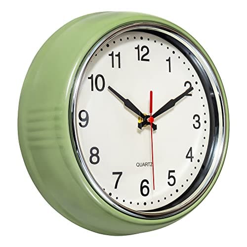 Foxtop Retro Wall Clock 9.5 Inch Green Kitchen 50's Vintage Design Round Silent Non Ticking Decorative Battery Operated Quartz Metal Clock for Classroom Office Home