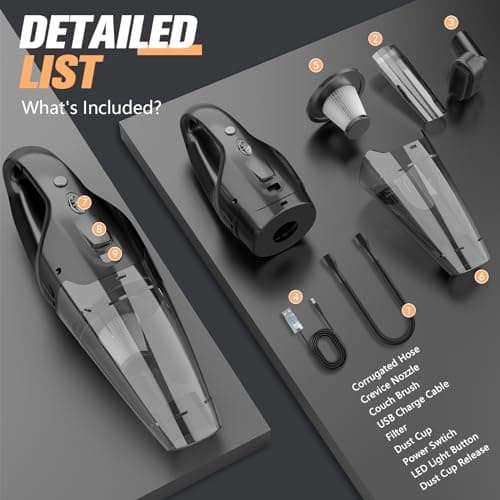 BSRCO Handheld Vacuum Cordless Rechargeable, Car Vacuum Cleaner with LED, USB Charge, 1.65LBs Hand Vacuum Cordless, for Car/Home/Pet, ATJ Attachments 7