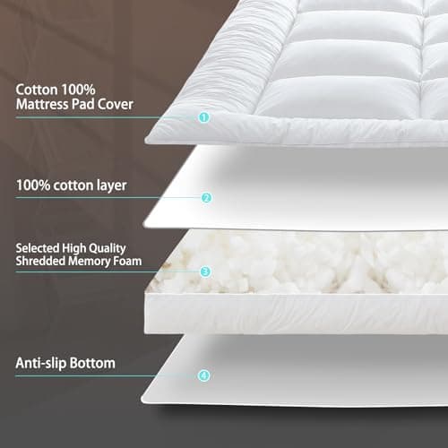 WhatsBedding 5 Inch Memory Foam Mattress Topper Queen for Pressure Relief, 100% Cotton Cover, Comfort Supportive Pillow Top Mattress Topper, 2000GSM Fluffy Shredded Memory Foam Filled 7