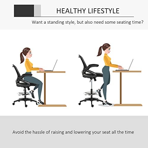 Vinsetto Mesh Drafting Chair, Tall Office Chair with Lumbar Support, Flip-Up Armrests, Footrest Ring and Adjustable Seat Height, Black 5