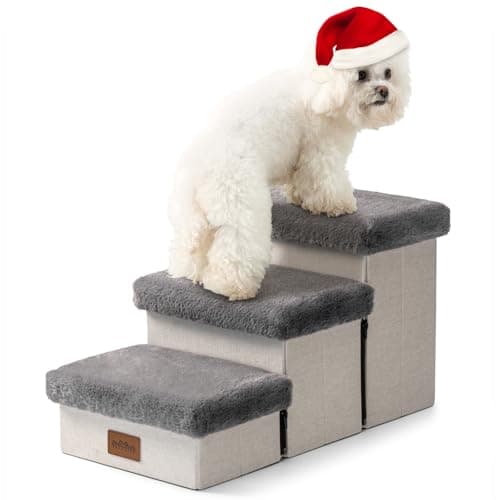 COZY KISS Dog Stair for Small Dogs with Storage, Foldable Pet Step with Soft Cover, Older Cat Ramp for Chair Couch Sofa, Lightweight, Durable, Comfort, 24.8x13x13.6 inch, 3 Tiers, Grey