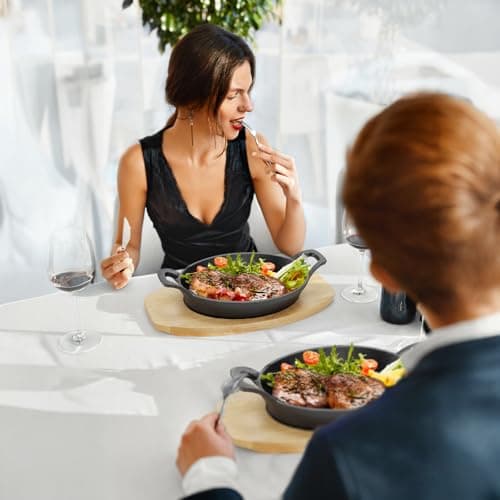 Mezchi 4 Pack Mini Cast Iron Fajita Skillet Set, 8.5 x 6.1 Inch Sizzling Plate with Wooden Base, Small Oval Casserole Dishes, Cast Iron Pizza Baking Steak Pan for Stove, Oven, Grill 7