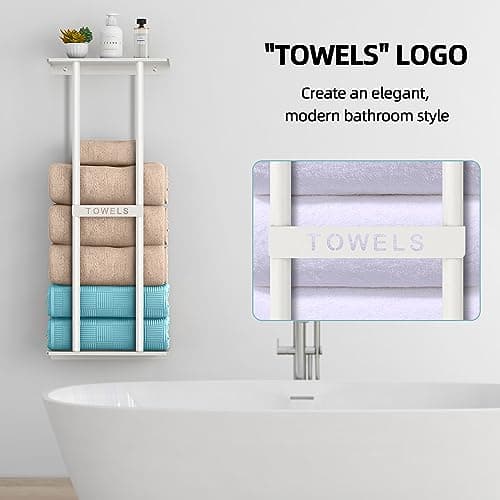 STWWO Wall Towel Rack for Rolled Towels, Towel Storage for Small Bathroom Can Holds 6 Large Towels, 30 inch Towel Racks with Shelf, White 6