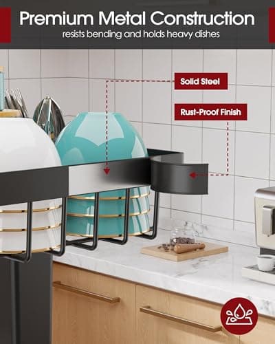 Sakugi Over The Sink Dish Drying Rack - Adjustable 2 Tier Large Capacity Stainless Steel Drainer with Cutlery & Utensil Holders, Kitchen Storage & Organization, 30"-33.9" L x 11" W x 21.5" H, Black 6