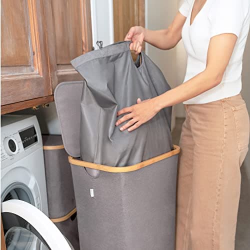 LONBET Laundry Basket with Lid, Made from Breathable Fabric | Aesthetic Clothes Hampers for Laundry with Side Handles & Sturdy Bamboo Frame (26 Gallons - Single, Gray) 9