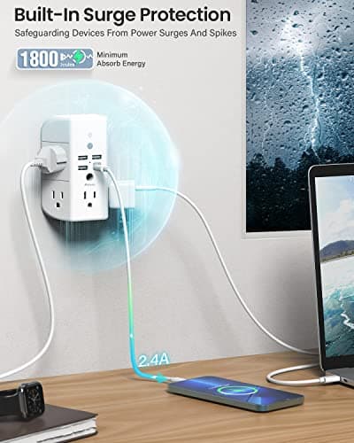 Wall Outlet Extender with Shelf and Night Light, Surge Protector, Wall Mount Charger Multi Plug Expander with 5 AC Outlets and 3 USB A Ports 1 USB C, Wide Space 3-Sided Power Strip Multi Plug Outlets 6