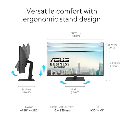 ASUS 34” Ultrawide Curved USB-C Docking Monitor (VA34VCPSN) - 21:9 QHD (3440 x 1440), 1500R Curvature, 100Hz, Adaptive Sync, USB Hub, RJ45, Eye Care, Frameless, VESA Wall Mountable, Height Adjustable 5
