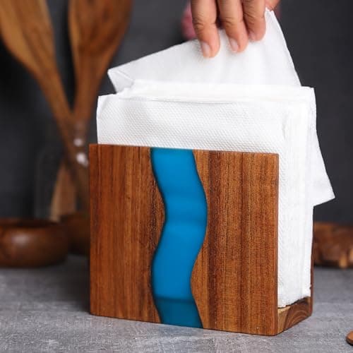 LAVAUK Acacia wood & Transparent Epoxy resin Napkin holder for table, Rustic farmhouse napkin organisation for kitchen, dining, counter tops, restaurant or outdoors | 6x5x2.5 inches| Turquoise 5