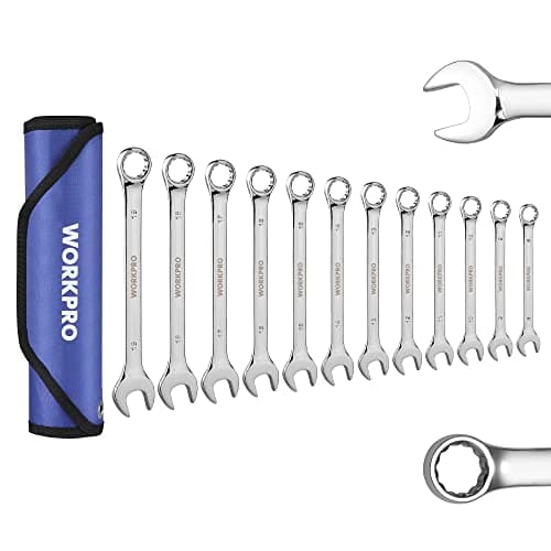 WORKPRO 12-Piece Combination Wrench Set, Metric 8-19mm, Premium Cr-V Wrench Sets, 12PT, Mirror Polish Chrome Plating with Rolling Pouch