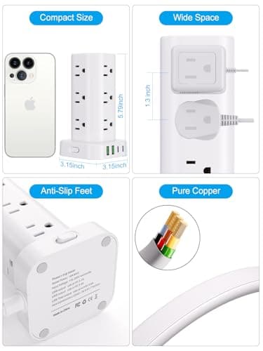 Power Strip Tower with Multiple Outlets, Flat Plug Surge Protector Tower Extension Cord with 12 AC Outlets 4 USB Ports (2 USB C), 6FT Cord Power Tower Surge Protector for Home Office Dorm Room, White 6