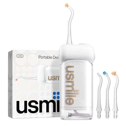 usmile C10 Portable Water Flosser – Travel-Friendly, 95-Day Battery, 4 Modes, 360° Nozzle, 180ml Tank, IPX7 Waterproof, Dentist-Recommended for Braces, Implants & Sensitive Gums (White)