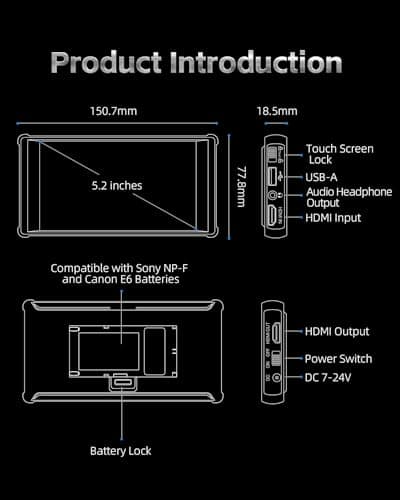 Portkeys PT6 Camera Field Monitor 5.2" 600nit Touchscreen Camera Monitor Vertical Shooting Stretch 3D LUT Output Wide Color Gamut New Peaking RGB Waveform for DSLR 7