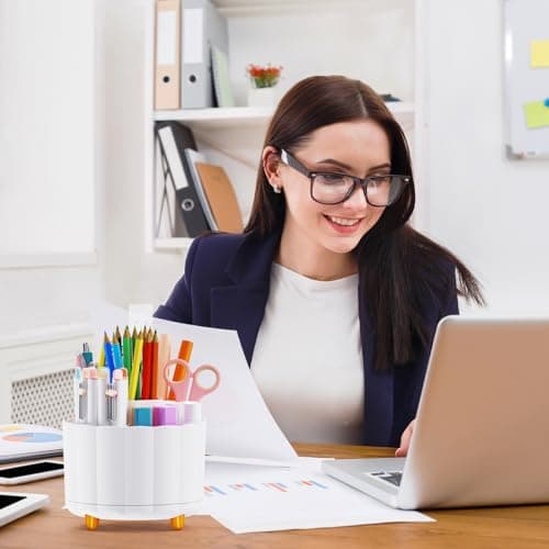 IVEETTY 360 Rotating Pencil Pen Holder for Desk, White Pen Organizer with 6 Slots, Cute Office Supplies, Desk Accessories for Office, School, Home 7