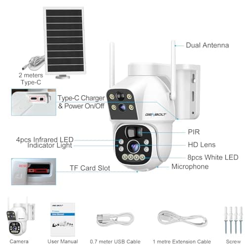 GENBOLT Solar WiFi Security Camera Outdoor Wireless, 8W 15600mAh Battery Powered Home Surveillance Cam CCTV with Dual View, Dual Lens Spotlight IP Cam with Color Night, PIR Detection 5