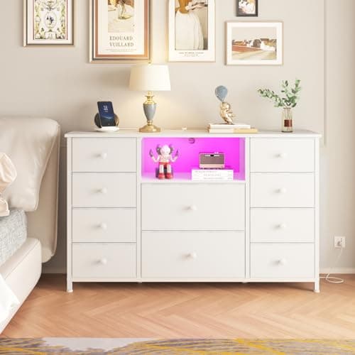LDTTCUK Dresser with Charging Station and LED Lights, Long Dresser for Bedroom Dresser TV Stand with 10 Drawers, Fabric Chest of Drawers with PU Finish, Wide Dresser Storage Organizer, White 6