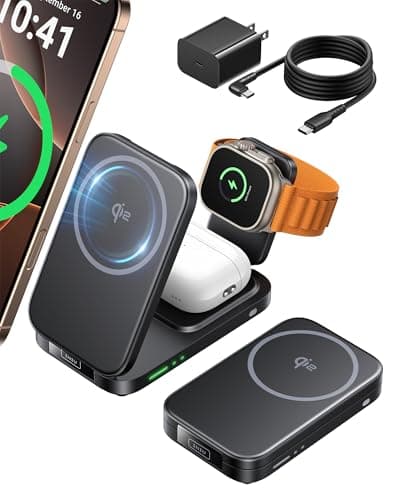 INIU 3 in 1 Wireless Charging Station, Qi2 Certified 15W Travel Charger for Apple Multiple Devices, Foldable Magnetic Wireless Charger Stand for iPhone 17 16 15 14 13 12 Series Apple Watch AirPods