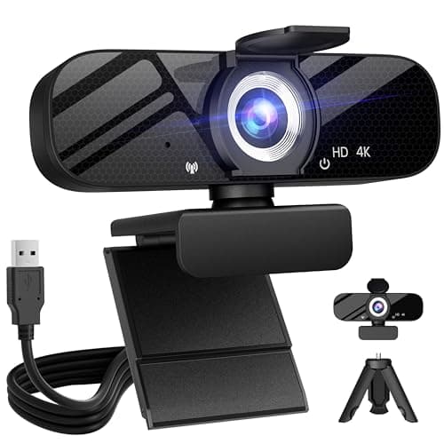 Tewiky Full HD Webcam with Built-in Microphone and Rotatable Tripod, 4K Video and Wide Angle Camera, Privacy Cover, for Desktop PC or Laptop Computer