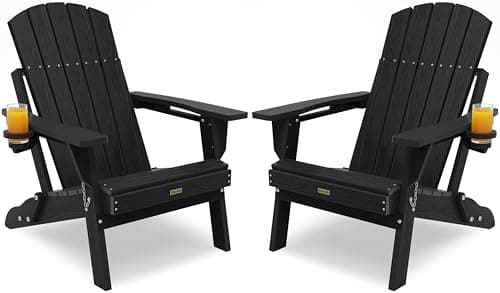 POWERWOOD Folding Adirondack Chair Set of 2, Thicker Plate|Higher Back Plastic Adirondack Chairs with Cup Holder, Composite Chair Weather Resistant for Outdoor, Patio, Lawn, Fire Pit Chairs(Black)