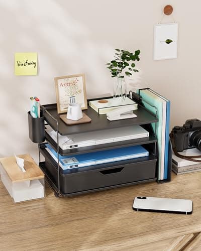 Kitsure Desk Organizer - 4-Tier Office Desk Accessories with Drawer ＆ Pen Holder, Tool-Free Assembly Organizer with Non-Slip Pads, for Office Supplies Storage, Plastic, 13.3" x 8.0" x 10.8", Black 6