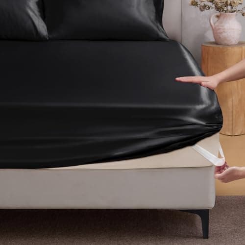 BEDELITE Satin Fitted Sheet Queen Size with Elastic Corner Straps, Luxury Soft Silk-Like Bed Sheet for Hair & Skin, 1 Deep Pocket Fitted Sheet Only Fits 15" Mattress, Fade & Wrinkle Resistant, Black