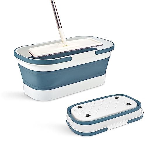 Goderewild Collapsible Plastic Bucket with Wheels 12L (3.17 Gallon) for House Cleaning, Camping, and RV - Multi-Purpose Rectangular Handy Basket for Cleaning Mop - Lightweight and Portable (Blue)