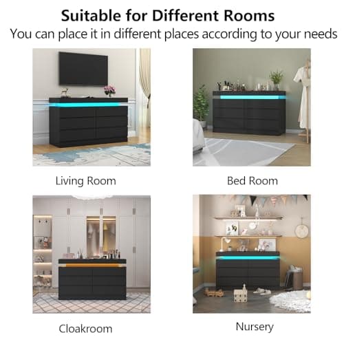 Gyfimoie 6 Drawer Dresser with Power Outlet, Dresser with LED Light, Modern Chest of Drawers for Closet, Double Wide Drawer Organizer Cabinet for Bedroom, Living Room (Black, 6 Drawers) 7