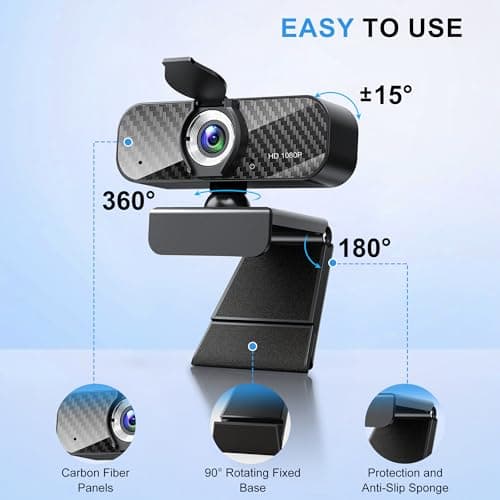 Webcam Full HD 1080P with Built-in Microphone and Rotatable Tripod, Carbon Fiber Board and Privacy Cover, Auto Light Correction, Adjustable FOV, Plug&Play for Zoom/Skype/Facetime/YouTube, Laptop/PC 6
