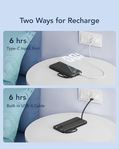 VRURC Portable Charger with Built in Cables, Slim Power Bank 10000mAh, USB C Travel Battery Pack, 5 Output 2 Input External Charging Bank for iPhone 17 16 15 14 13,Samsung,Android-Black(1 Pack) 5