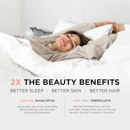 Night Wet/Dry Reversible Pillowcase: 100% Eucalyptus on one Side, Terry Towel for Drying Hair for Sleep After Shower on The Other (Queen, White) 5