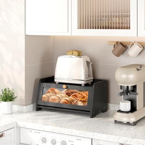 JANSNIMEN Bread Box for Kitchen Countertop, Large Bread Container Storage, Wooden Farmhouse Bread Box with Window Bread Holder (Black) 7