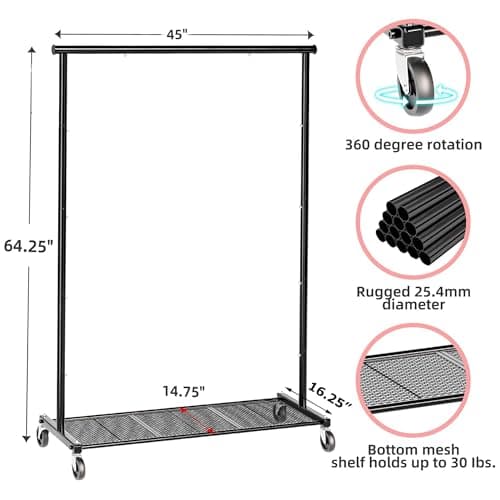 Ekisemio Clothes Rack for Hanging Clothes, 64.25 Inch Clothing Racks with Wheels, Portable Rolling Clothes Garment Rack for Bedroom, Laundry, Living Room, Black 6