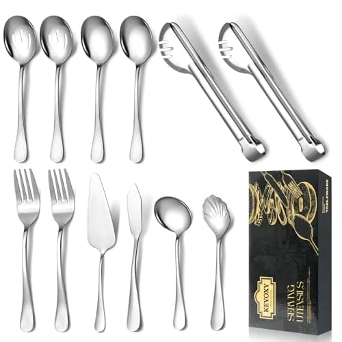 Keyoxy Stainless Steel Serving Utensil Set, 12 Pcs, with Large Slotted/Spoon/Forks/Soup Ladle/Tongs/Pie Server/Butter Knife for Parties/Kitchen/Buffet/Catering