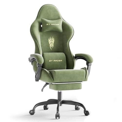Ferghana Velvet Fabric Gaming Chair, High Back Ergonomic Gamer Chair for Adult, Comfortable Video Game Chair with Footrest and Massage Lumbar Cushion, Racing Reclining Office Computer Desk Chair Green