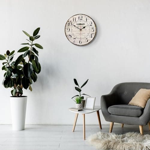 Toudorp 14 Inch Retro Vintage French Country Style Round Wooden Wall Clock Silent Battery Operated Non-Ticking Decorative Clock for Kitchen Farmhouse Bedroom Home Wall 7