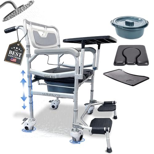 SAMARKAND 3 in 1 Commode Shower Chair with Wheels + Wheelchair Tray + Footrest – Rolling Shower Chair for Elderly and Disabled - Bedside Commode Toilet - Shower Wheelchair - Toilet Riser with Handles