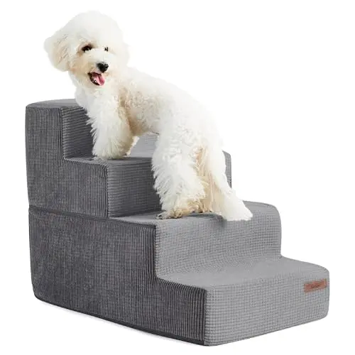 Lesure Dog Stairs for Small Dogs and Cats Foldable Pet Steps for High Beds and Couch with CertiPUR-US Certified Foam and Non-Slip Bottom, Grey, 4 Steps